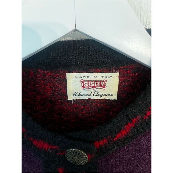 Sisley Italian Knit Plum Floral Tribal Print Cardigan Sweater Sz M EUC - Picture 4 of 7